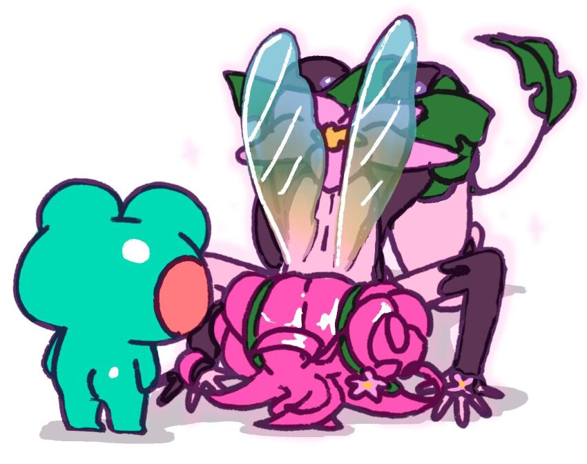 1girl, apologizing, ass, back, colored_skin, commentary, dogeza, english_commentary, fairy, fairy_wings, flower, flower_ring, frog, froggyloch, froggyloch_(vtuber), indie_virtual_youtuber, leaf_clothing, leaf_tail, paintbrush, pink_skin, shadow, tail, top-down_bottom-up, virtual_youtuber, white_background, wings