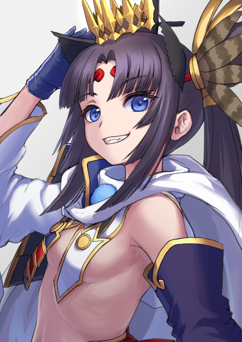 1girl, armor, asymmetrical_sleeves, black_hair, black_sleeves, blue_eyes, blue_gloves, breast_curtains