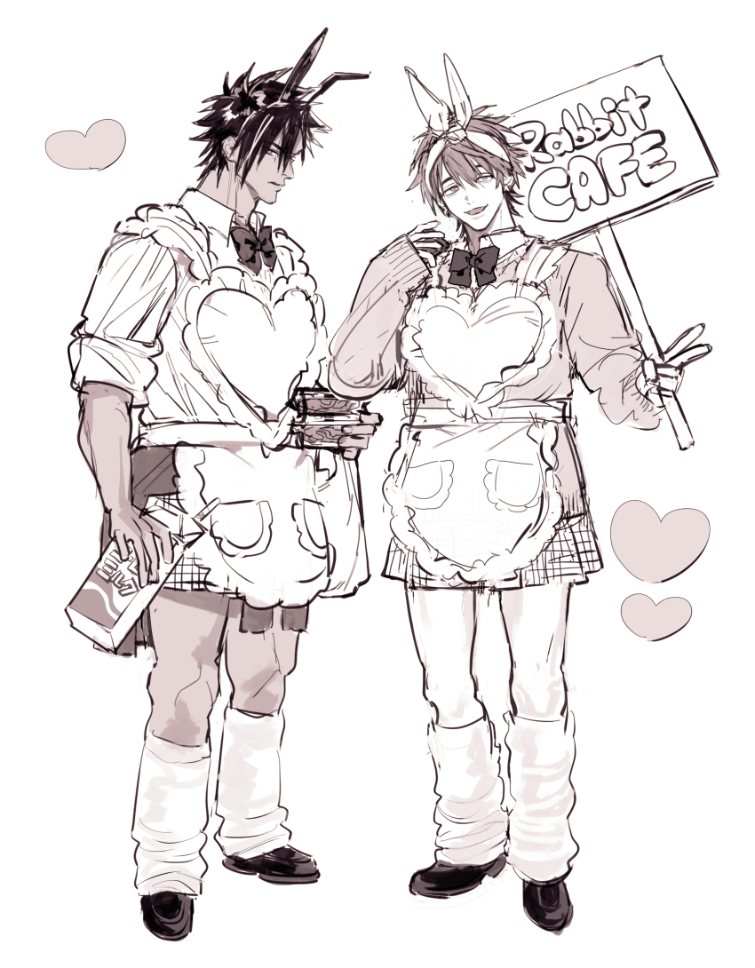 2boys, absurdres, alternate_costume, animal_ears, apron, arms_up, bow, bowtie