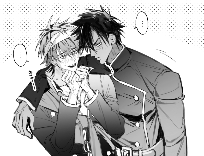 ..., 2boys, arm_around_shoulder, arms_up, belt, belt_buckle, blush, buckle