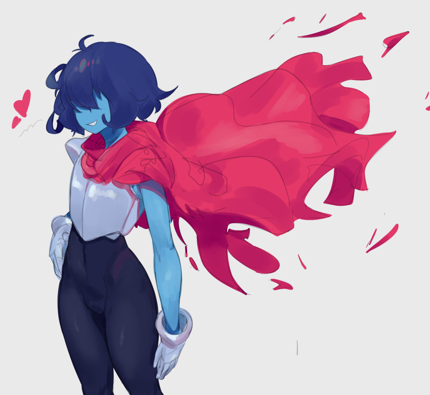 1other, armor, blue_hair, blue_skin, bodysuit, breastplate, cape, colored_skin, deltarune, drowsykrid, facing_viewer, feet_out_of_frame, full_body, gauntlets, grin, hair_over_eyes, hand_on_own_hip, heart, highres, kris_(dark_world)_(deltarune), kris_(deltarune), navel, other_focus, red_cape, short_hair, sleeveless, sleeveless_bodysuit, smile, utdr_(toby_fox)
