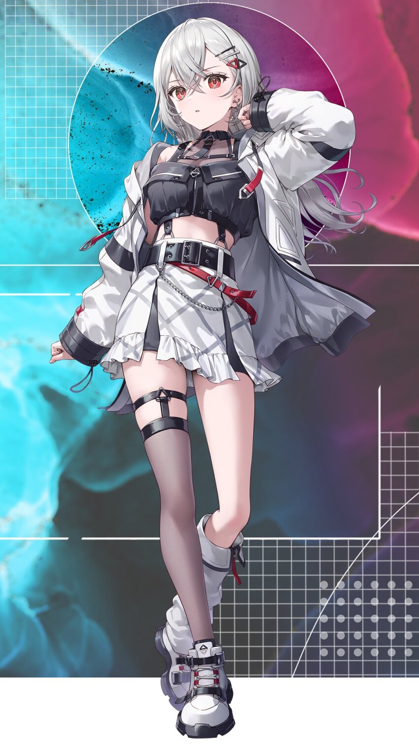 1girl, asymmetrical_footwear, asymmetrical_legwear, bare_shoulders, black_bra, black_choker, black_thighhighs, boots