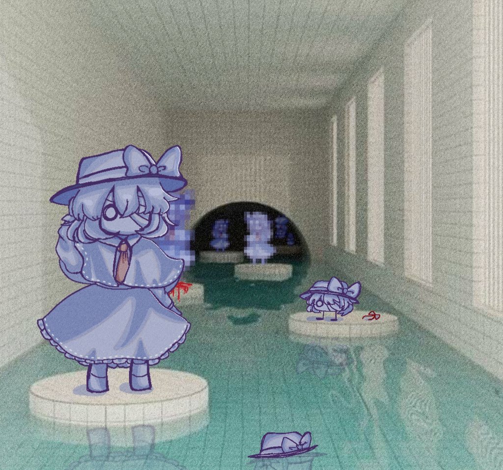 1girl, bandage_over_one_eye, blank_eyes, blood, bow, capelet, ceiling, censored