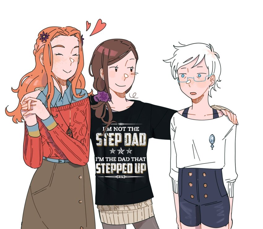 3girls, arm_around_shoulder, ayellowapple, black_shirt, blue-framed_eyewear, blue_shirt, blue_shorts, blush