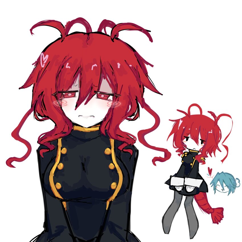 1boy, 1girl, antenna_hair, black_jacket, black_skirt, blue_hair, breasts, buttons, chibi, chibi_inset, closed_mouth, colored_skin, funamusea, heart, highres, hijoushiki_roc, jacket, large_breasts, lobco_(funamusea), lobster_girl, lobster_tail, looking_at_viewer, medium_hair, mob_face, oounabara_to_wadanohara, pantyhose, pink_pupils, red_eyes, red_hair, sam_(sillylinariafan), simple_background, skirt, solo_focus, spiral_cheeks, straight-on, tail, white_background, white_skin