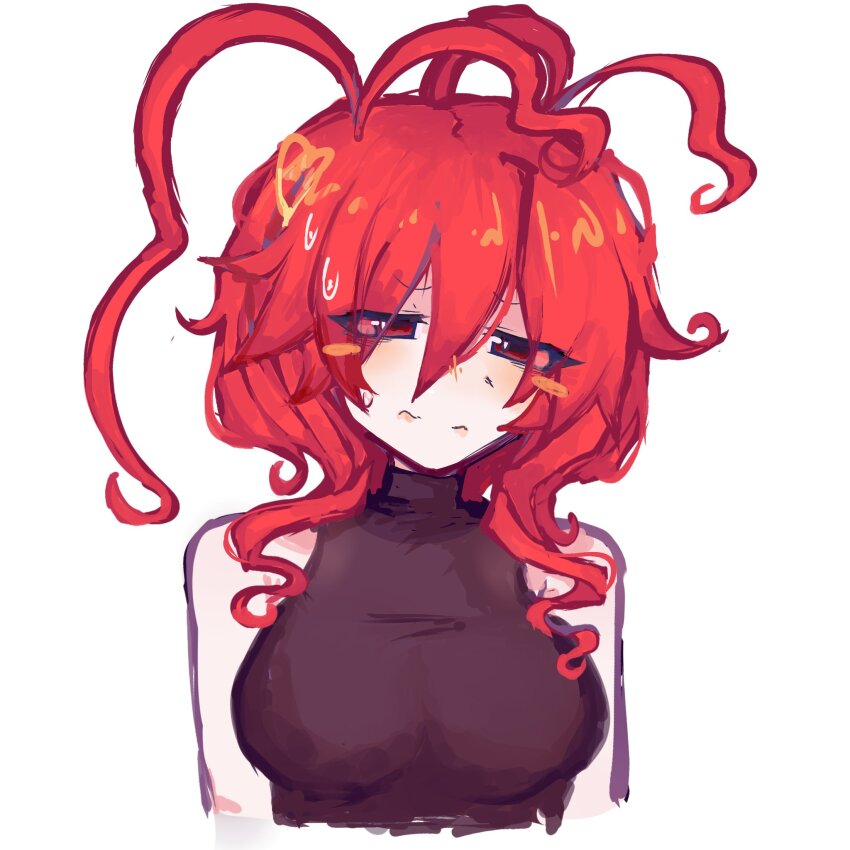 1girl, antenna_hair, bare_shoulders, black_sweater, blush_stickers, breasts, closed_mouth, colored_skin