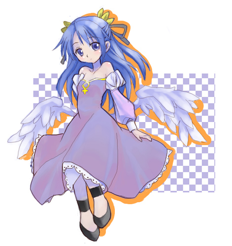 1girl, angel_wings, bare_shoulders, blue_eyes, blue_hair, claudia_(shinrabanshou), dress, female_focus, frills, hair_ribbon, half_updo, hima, long_hair, long_sleeves, lowres, matching_hair/eyes, ribbon, shinrabanshou, solo, wings