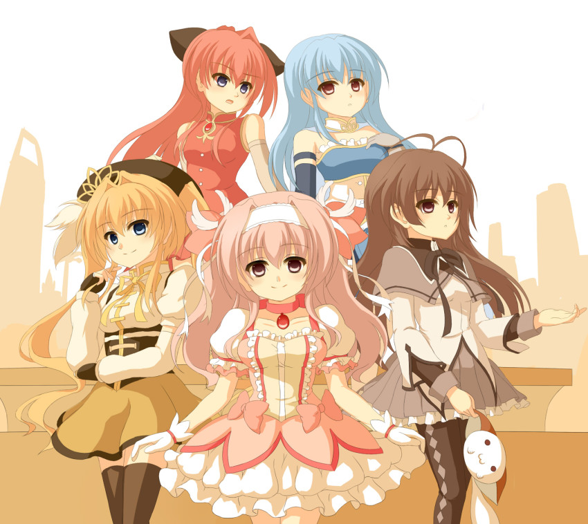 5girls, akemi_homura, akemi_homura_(cosplay), akemi_homura_(magical_girl), amaha_miu, aose_saratoga, beret, black_hair