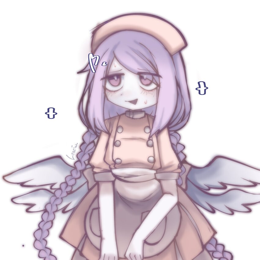 1girl, angel, angel_wings, apron, blush, braid, bright_pupils, buttons