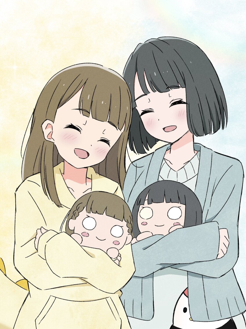 2girls, :d, ^_^, black_hair, blue_background, blue_cardigan, blue_sweater, blunt_bangs, blunt_ends, blush, blush_stickers, bob_cut, brown_hair, cardigan, center-flap_bangs, character_doll, closed_eyes, commentary, doll, highres, holding, holding_doll, hood, hoodie, kachimachi_kosuzu, kachimachi_kosuzu_(sega_lucky_lottery_sleepwear), link!_like!_love_live!, long_hair, love_live!, momose_ginko, momose_ginko_(sega_lucky_lottery_sleepwear), multiple_girls, nesoberi, open_cardigan, open_clothes, open_mouth, short_hair, smile, sweater, tottsan, tsuru_(love_live!), two-tone_background, virtual_youtuber, yellow_background, yellow_hoodie