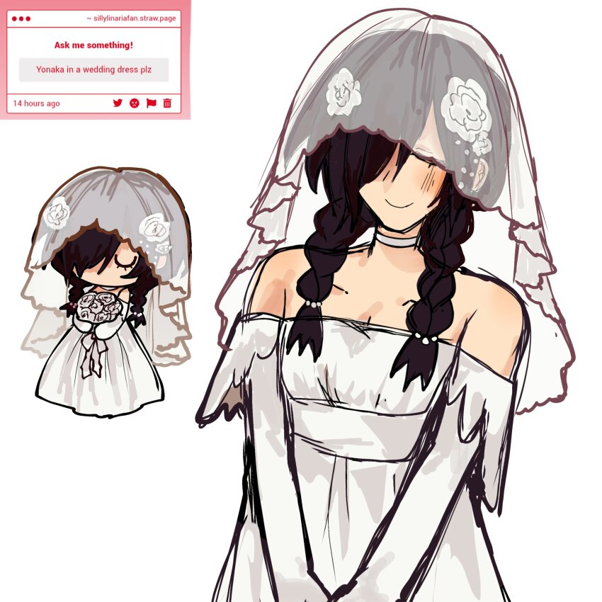 bare_shoulders, black_hair, bouquet, braid, breasts, bridal_veil, chibi, chibi_inset