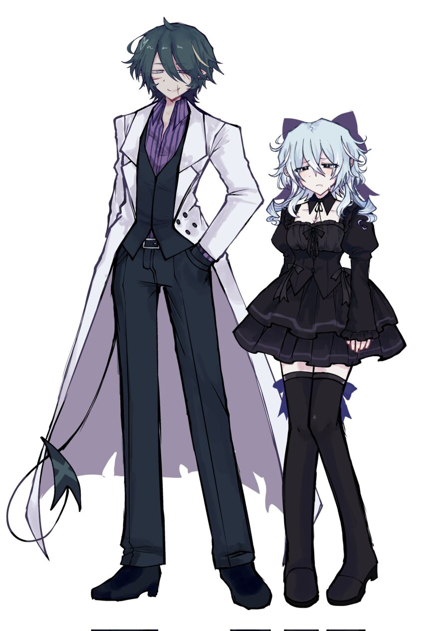 1boy, 1girl, belt, black_boots, black_corset, black_dress, black_ribbon, black_shoes