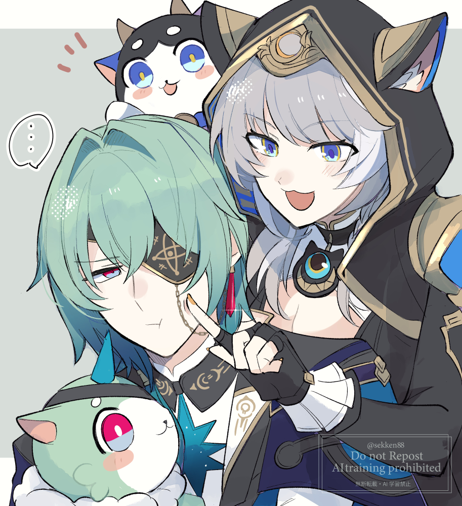 1boy, 1girl, anaxa_(honkai:_star_rail), anaxa_(nanus)_(honkai:_star_rail), animal_ears, animal_hood, blue_eyes, breasts