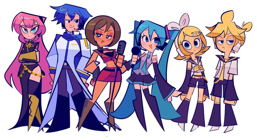 2boys, 4girls, absurdres, aqua_eyes, aqua_hair, aqua_necktie, aqua_trim, arm_tattoo