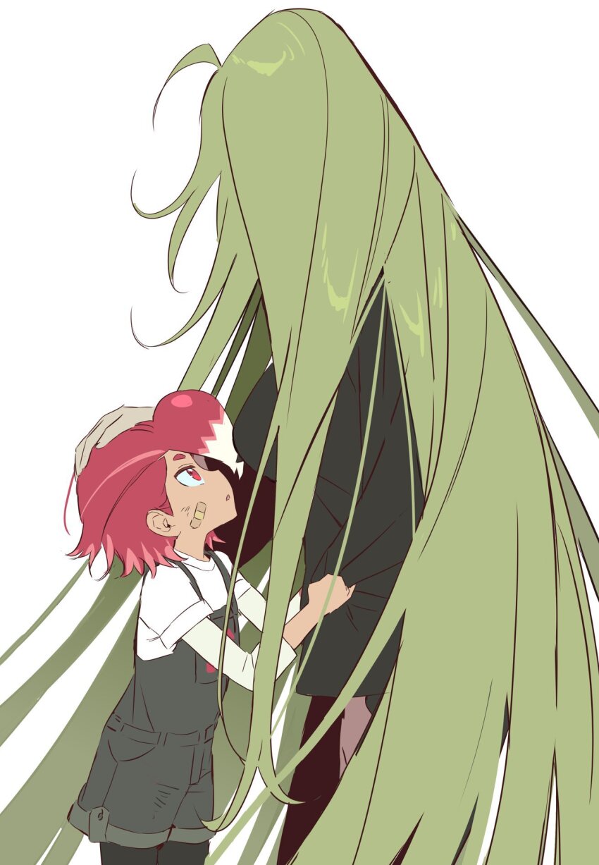 2girls, :o, age_difference, ahoge, arm_at_side, bandaid, bandaid_on_cheek, bandaid_on_face, black_jacket, black_pantyhose, breasts, brown_skirt, child, colored_tips, cookie_run, cookie_run:_witch's_castle, cowboy_shot, from_side, green_hair, hair_behind_ear, hand_on_another's_head, highres, humanization, jacket, large_breasts, layered_sleeves, long_hair, long_sleeves, looking_at_another, looking_up, multicolored_hair, multiple_girls, ohta_guk_hip, overall_shorts, overalls, pantyhose, parted_lips, profile, pulling_another's_clothes, radish_cookie, red_eyes, red_hair, rosemary_cookie, shirt, short_hair, short_over_long_sleeves, short_sleeves, siblings, simple_background, sisters, skirt, standing, tomboy, two-tone_hair, very_long_hair, white_background, white_hair, white_shirt