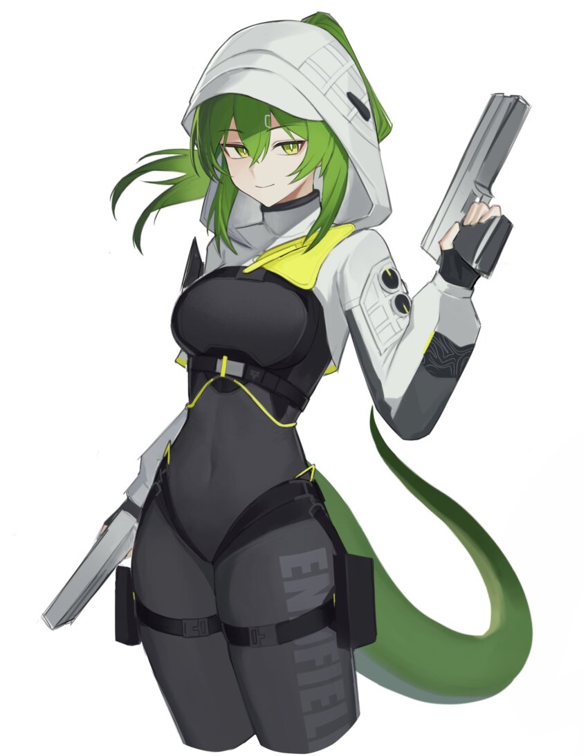 1girl, arknights, arknights:_endfield, bajigurr, black_bodysuit, black_gloves, bodysuit, closed_mouth, clothes_writing, commentary, covered_navel, cropped_legs, dual_wielding, english_commentary, fingerless_gloves, fluorite_(arknights), gloves, green_eyes, green_hair, green_tail, grey_hood, gun, hair_between_eyes, hair_ornament, hairclip, handgun, highres, holding, hood, hood_up, long_hair, long_sleeves, looking_at_viewer, simple_background, smile, solo, standing, tail, thigh_strap, weapon, white_background