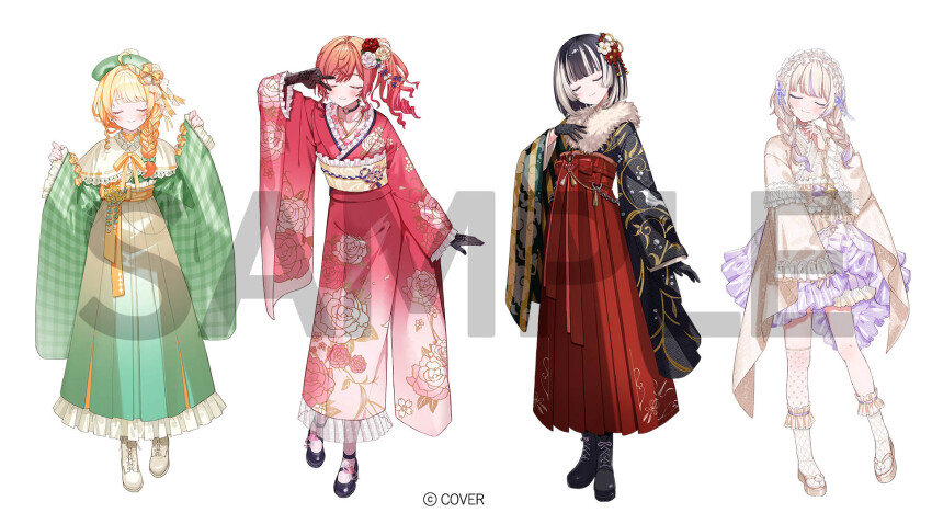4girls, ahoge, asymmetrical_legwear, beret, black_boots, black_gloves, black_hair, black_kimono