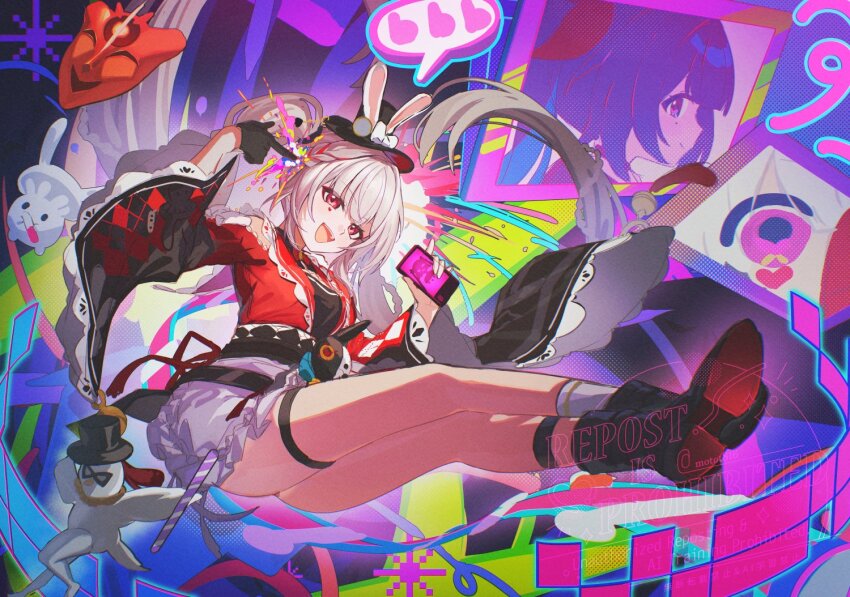 1girl, aha_(honkai:_star_rail), bird, black_boots, black_gloves, boots, breasts, commentary_request, gloves, hat, heart, holding, holding_phone, honkai:_star_rail, honkai_(series), long_hair, looking_at_viewer, mm_(motot), open_mouth, phone, purple_hair, red_shirt, shirt, skirt, small_breasts, smile, solo, sparkle_(honkai:_star_rail), sparxie_(honkai:_star_rail), spoken_heart, thigh_strap, thighs, top_hat, twitter_username, very_long_hair, white_bird, white_hair, white_skirt