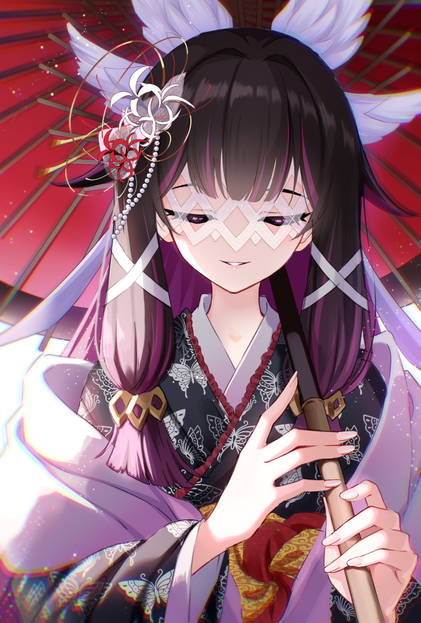 1girl, alternate_costume, black_hair, black_kimono, butterfly_print_kimono, closed_eyes, columbina_(genshin_impact), commentary_request