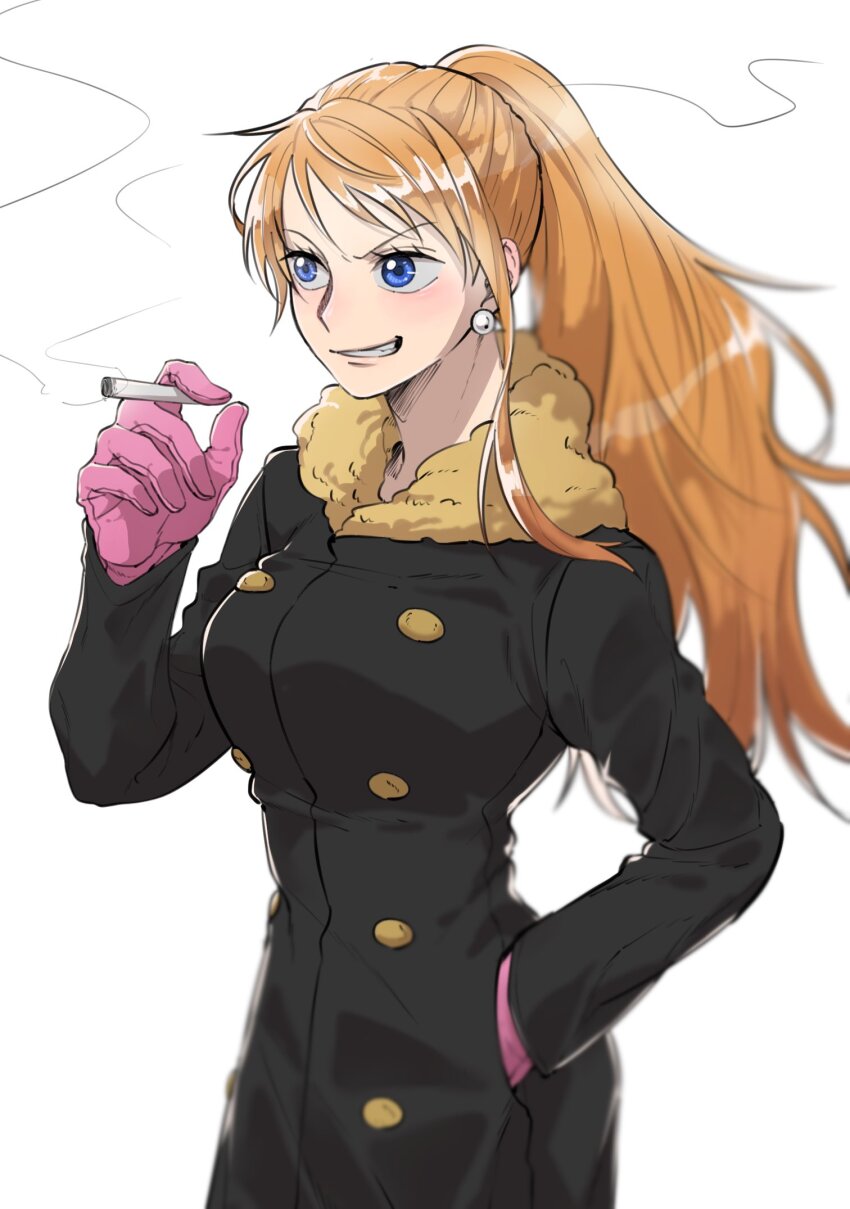 1girl, 2023, alternate_eye_color, black_coat, blue_eyes, body_switch, cigarette, coat