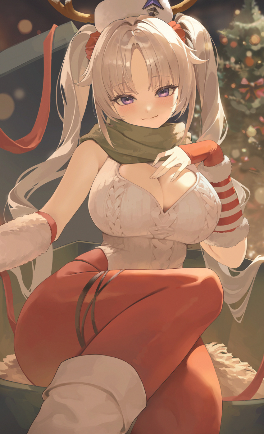 1girl, absurdres, antlers, arm_warmers, blush, boots, breasts, christmas