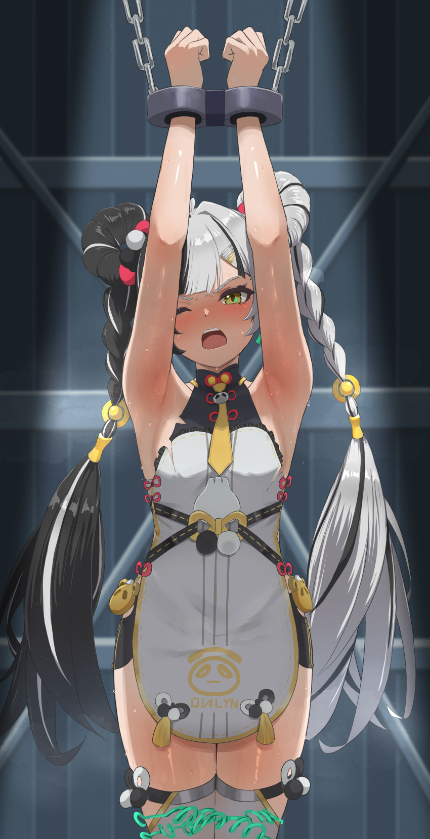 1girl, absurdres, armpits, black_hair, blush, bound, braid, breasts, china_dress, chinese_clothes, commentary_request, dialyn_(zenless_zone_zero), double_bun, dress, hair_bun, highres, medium_breasts, multicolored_hair, one_eye_closed, open_mouth, pusilapusila, restrained, solo, split-color_hair, thighhighs, torn_clothes, twin_braids, white_dress, white_hair, white_thighhighs, yellow_eyes, zenless_zone_zero
