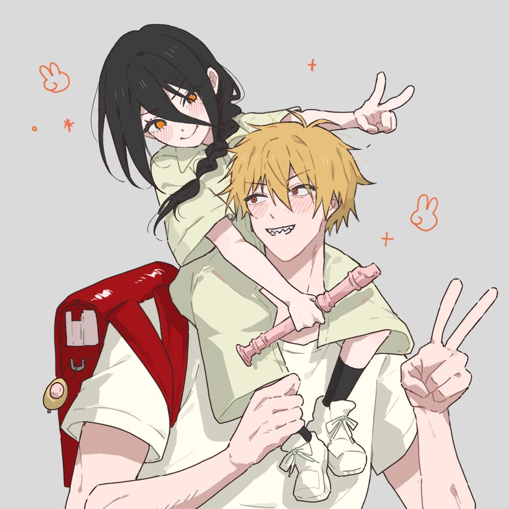 1boy, 1girl, backpack, bag, black_hair, black_socks, blonde_hair, blush, carrying, chainsaw_man, commentary_request, crime_prevention_buzzer, dalsan110, denji_(chainsaw_man), flute, grin, hair_between_eyes, holding, holding_another's_leg, holding_flute, holding_instrument, instrument, long_braid, long_hair_between_eyes, nayuta_(chainsaw_man), orange_eyes, randoseru, recorder, red_bag, red_eyes, sharp_teeth, shirt, shoes, short_sleeves, shoulder_carry, smile, sneakers, socks, teeth, v, white_shirt, white_shoes