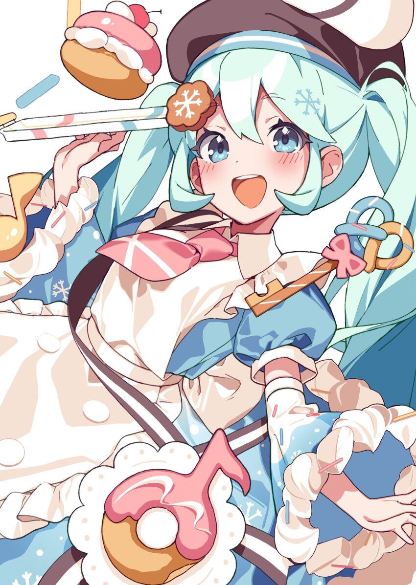 1girl, :d, apron, blue_dress, blue_eyes, blue_hair, blue_sleeves, blush