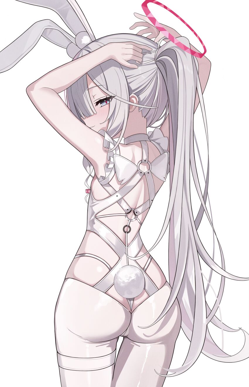 1girl, absurdres, adjusting_hair, animal_ears, arms_up, ass, blue_archive, commentary_request