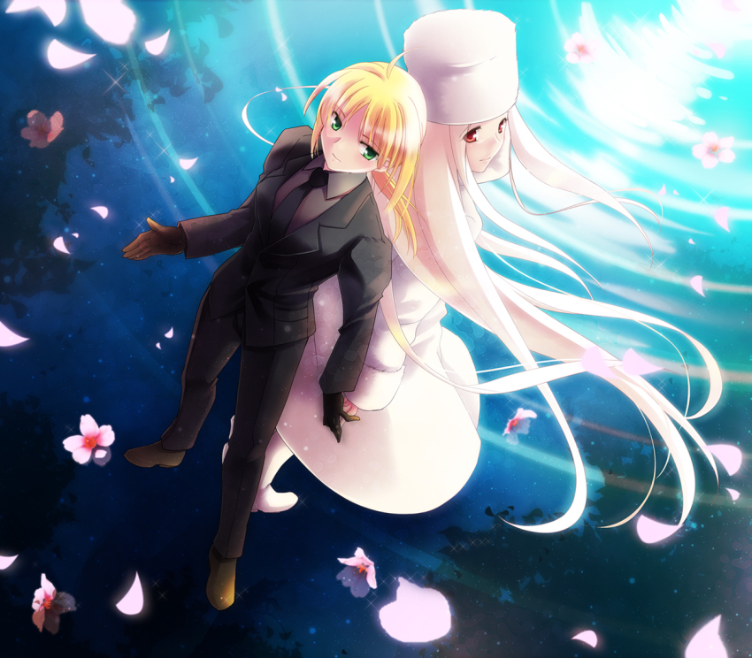 2girls, ahoge, artoria_pendragon_(fate), back-to-back, black_gloves, blonde_hair, coat, dutch_angle