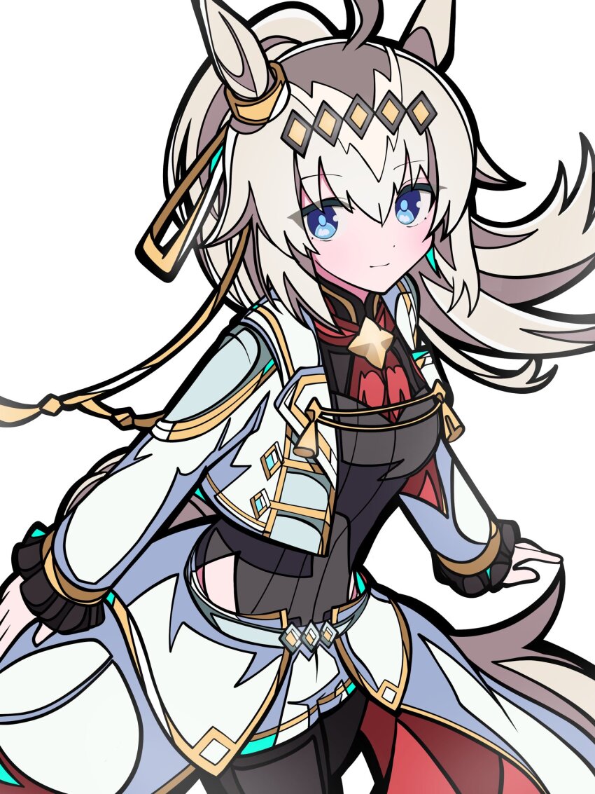 1girl, ahoge, animal_ears, black_pantyhose, blue_eyes, blush, breasts, brooch