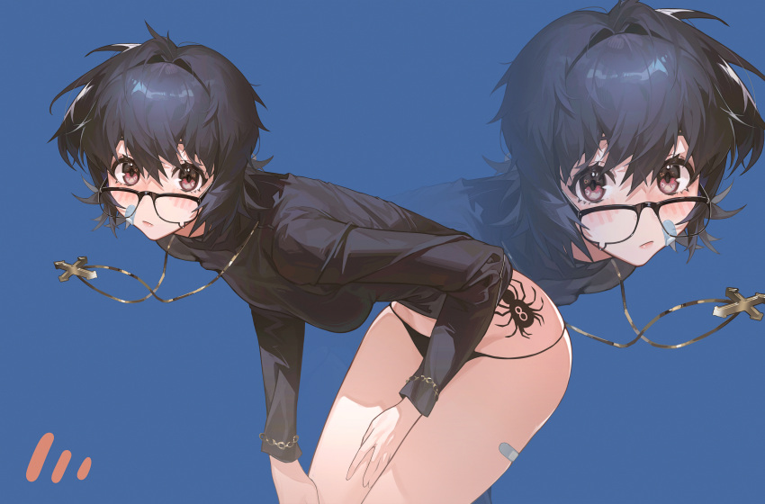 1girl, absurdres, accidental_exposure, bandaid, black-framed_eyewear, black_hair, black_panties, black_sweater, blue_background, blush, breasts, cowboy_shot, cross, cross_necklace, dyanju, groin, hair_between_eyes, hair_intakes, highres, hunter_x_hunter, jewelry, long_sleeves, medium_hair, multiple_girls, necklace, panties, red_eyes, semi-rimless_eyewear, shizuku_murasaki, spider_tattoo, sweater, tattoo, turtleneck, turtleneck_sweater, under-rim_eyewear, underwear