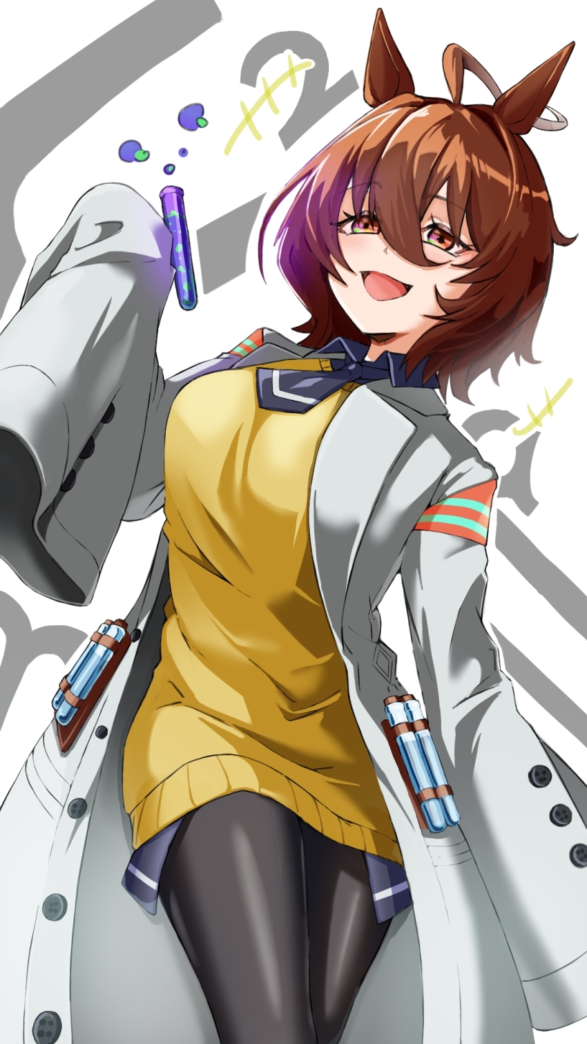 1girl, agnes_tachyon_(tach-nology)_(umamusume), agnes_tachyon_(umamusume), ahoge, animal_ears, black_necktie, black_pantyhose, breasts, brown_hair, coat, commentary_request, cork, hair_between_eyes, hanyuu08, highres, holding, holding_test_tube, horse_ears, horse_girl, huge_ahoge, jewelry, lab_coat, long_sleeves, medium_breasts, medium_hair, necktie, open_mouth, pantyhose, red_eyes, short_necktie, sleeves_past_fingers, sleeves_past_wrists, smile, solo, sweater, sweater_vest, test_tube, umamusume, white_coat, yellow_sweater, yellow_sweater_vest