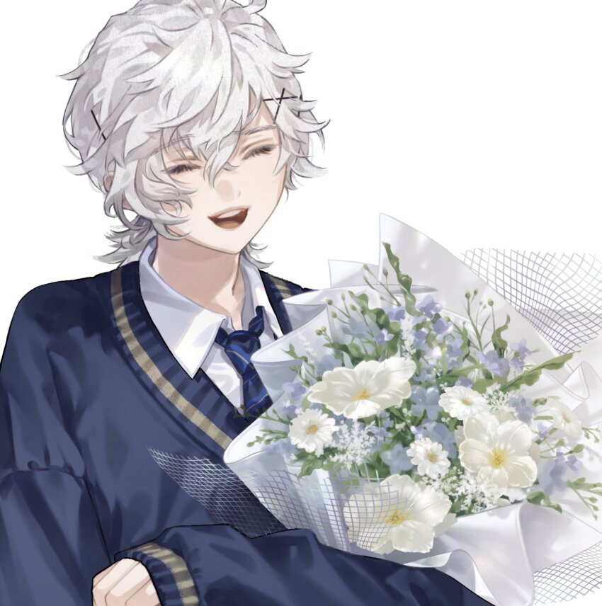 1boy, black_pants, blue_sweater_vest, book, bouquet, closed_eyes, commentary_request, cropped, crossed_bangs, flower, hair_ornament, hairclip, highres, holding, holding_bouquet, long_sleeves, low_ponytail, male_focus, maruko_inari, murakumo_kagetsu, murakumo_kagetsu_(3rd_costume), necktie, nijisanji, open_mouth, pants, ponytail, shirt, short_ponytail, simple_background, smile, solo, sweater_vest, upper_body, virtual_youtuber, white_background, white_flower, white_hair, x_hair_ornament