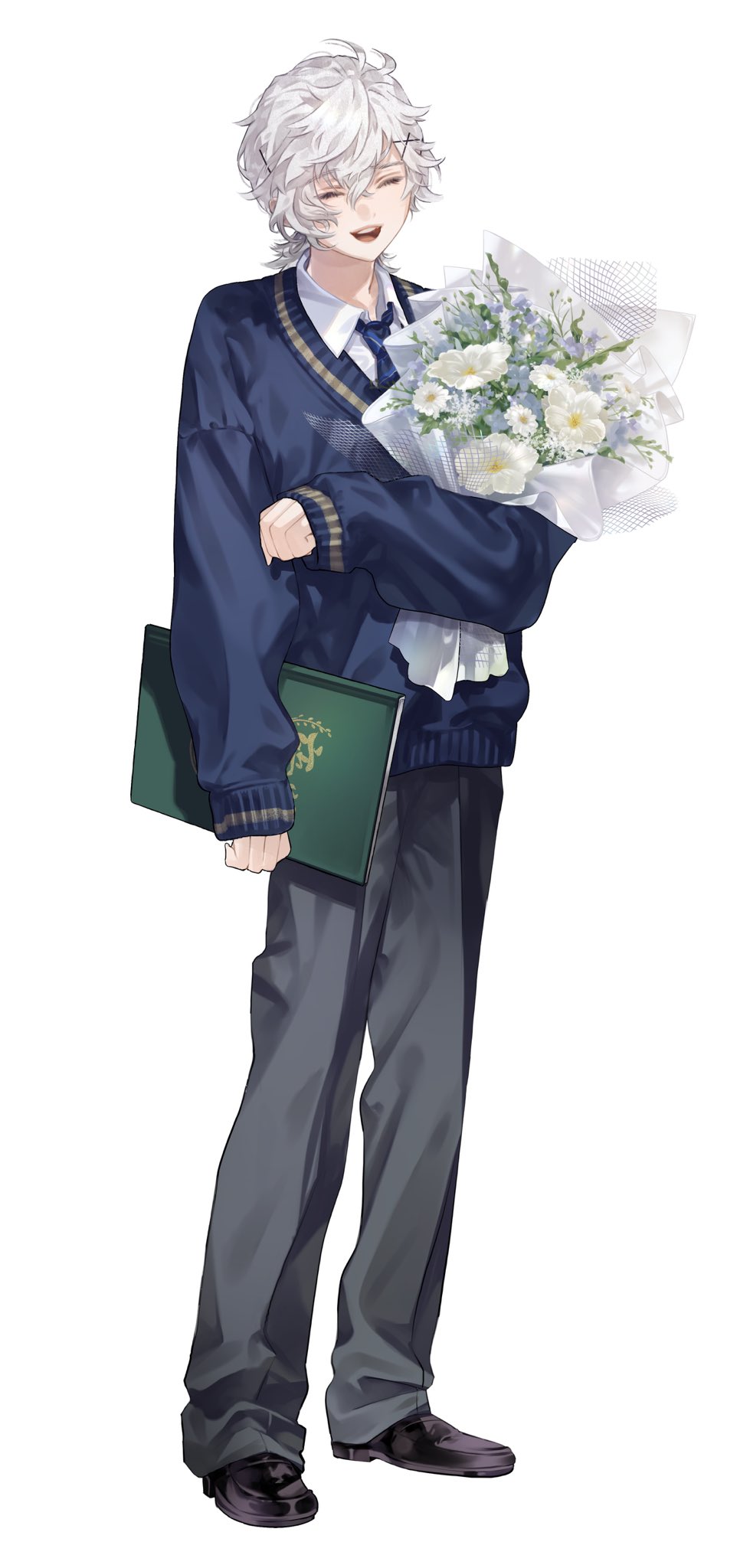 1boy, black_pants, blue_sweater_vest, book, bouquet, closed_eyes, commentary_request, crossed_bangs