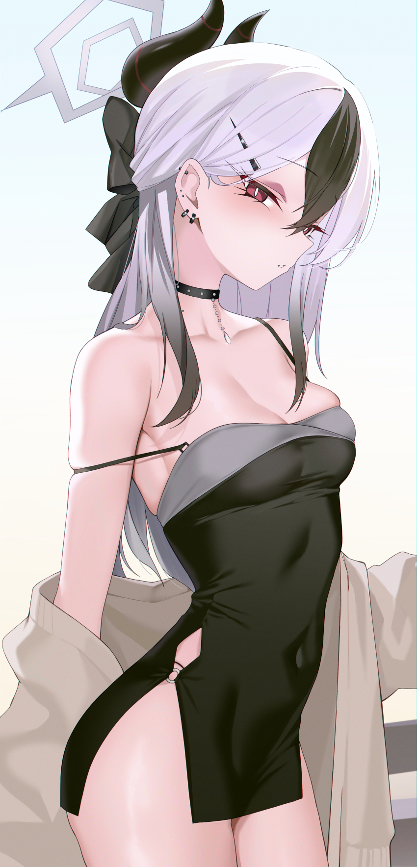 1girl, absurdres, bare_shoulders, bine_kun, black_choker, black_dress, black_hair, blue_archive