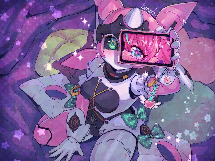 1girl, aria_(robot)_(zenless_zone_zero), aria_(zenless_zone_zero), artist_name, blue_eyes, blue_hair, blue_streaks, blush, bow, breasts, cellphone_charm, charm_(object), commentary_request, different_viewfinder, fingerless_gloves, gloves, green_bow, green_eyes, hanada_(cobalt003), heart, heart-shaped_pillow, highres, holding, holding_phone, humanoid_robot, joints, looking_at_viewer, mechanical_arms, mechanical_ears, mechanical_legs, metal_skin, open_mouth, phone, pillow, pink_gloves, pink_hair, polka_dot, polka_dot_bow, robot, robot_girl, robot_joints, selfie, sitting, small_breasts, solo, sparkle, sparkling_eyes, streaked_hair, wariza, zenless_zone_zero