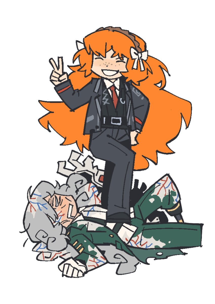 2girls, black_jacket, black_pants, black_shoes, black_vest, bow, brown_hairband, e.g.o_(project_moon)