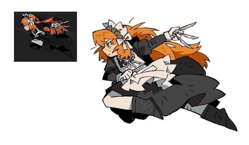 1girl, apron, black_boots, black_dress, boots, bow, closed_mouth, dress