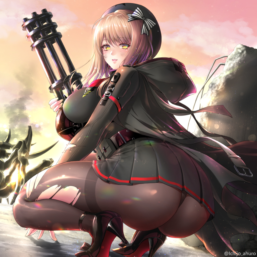 1girl, after_battle, ankle_strap, ass, belt, belt_pouch, beret, black_bow
