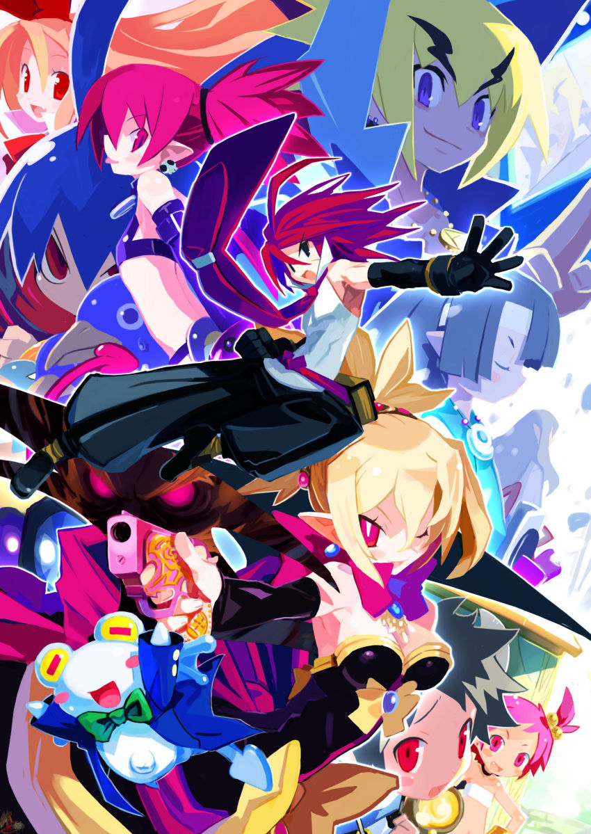 4boys, 4girls, adell_(disgaea), akutare_(disgaea), axel_(disgaea), bat_wings, black_pants, blonde_hair, bright_pupils, demon_girl, detached_sleeves, disgaea, dress, elbow_gloves, etna_(disgaea), fake_zenon, flat_chest, flonne, flonne_(fallen_angel), fubuki_(disgaea), gloves, hanako_(disgaea), harada_takehito, highres, kurtis_(disgaea), laharl, makai_senki_disgaea_2, miniskirt, multiple_boys, multiple_girls, nippon_ichi, pants, pointy_ears, prinny, red_eyes, red_hair, rozalin, selion_(disgaea), shura_(disgaea), skirt, slit_pupils, strapless, strapless_dress, tail, taro_(disgaea), tink_(disgaea), wings, yukimaru