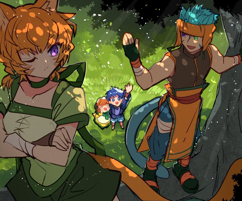 2boys, 2girls, absurdres, animal_ears, blue_eyes, blue_hair, brother_and_sister, cat_boy