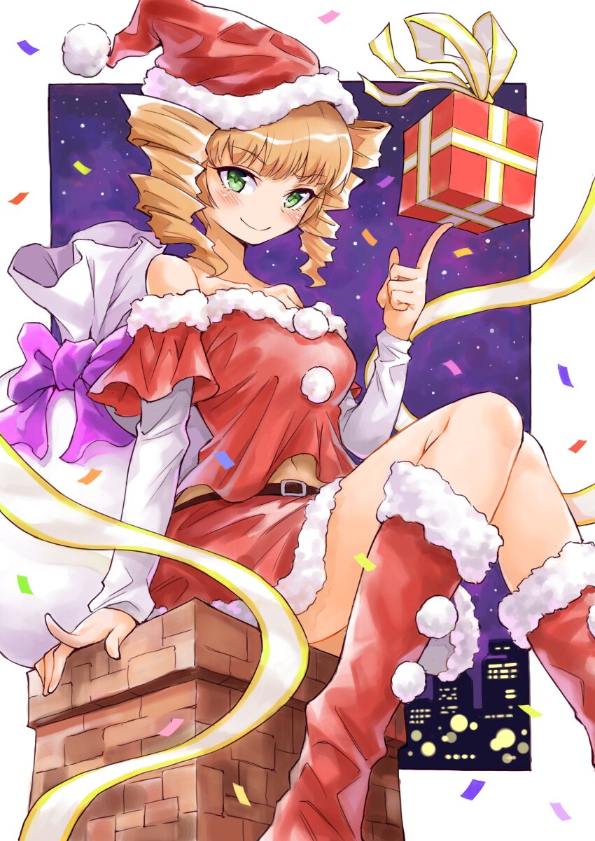 1girl, absurdres, bare_shoulders, belt, blonde_hair, boots, bow, box