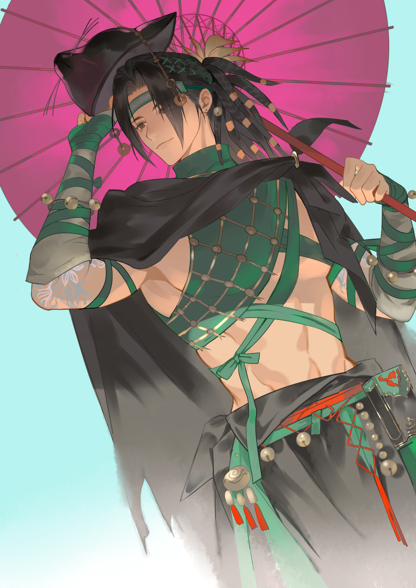 1boy, abs, absurdres, bell, black_hair, bracer, chinese_clothes, chinese_commentary, commentary_request, fox_mask, highres, holding, holding_umbrella, looking_to_the_side, male_focus, mask, ponytail, qingcheng_sect_(where_winds_meet), revealing_clothes, tattoo, umbrella, where_winds_meet, wuxia, xianxia_(genre), yinglingshang