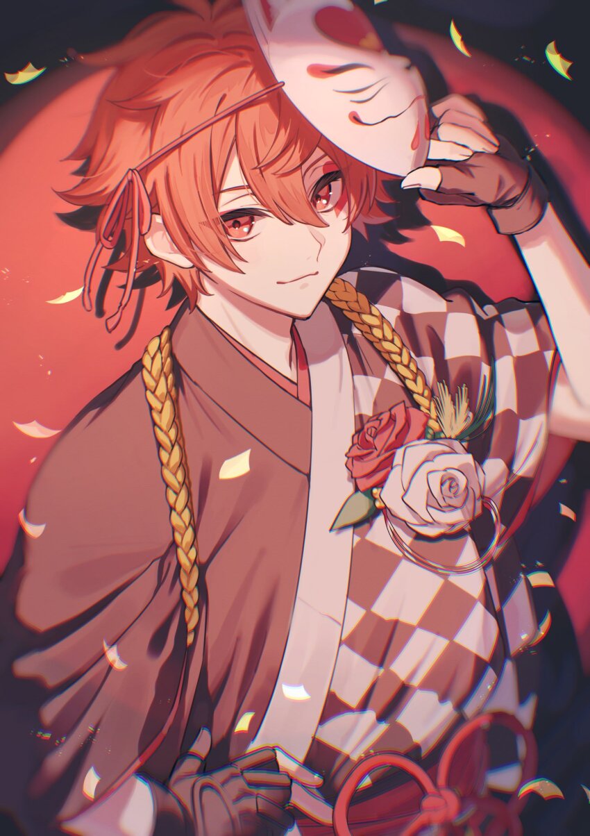 1boy, ace_trappola, ace_trappola_(new_year's_attire), closed_mouth, fingerless_gloves, flower, gloves, hand_on_headwear