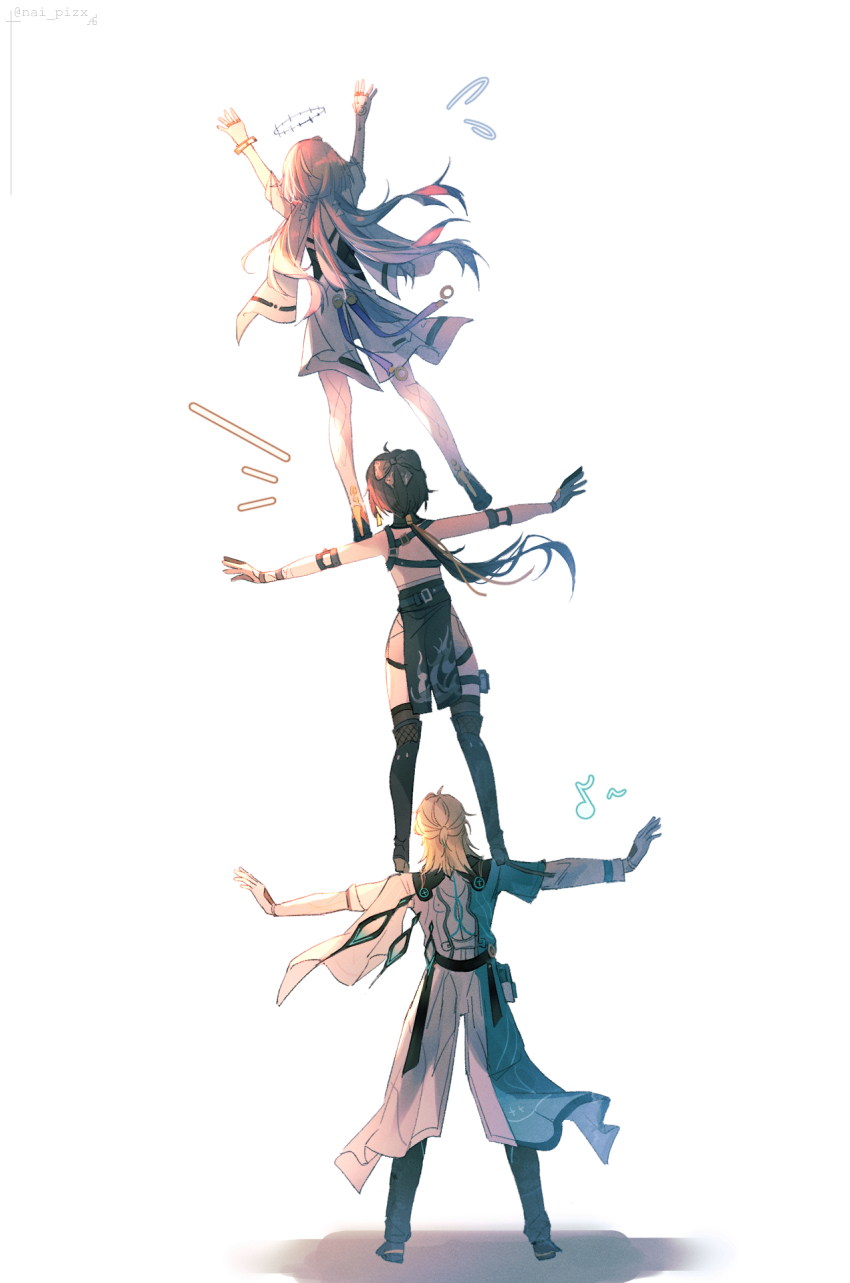 1boy, 2girls, arms_up, bare_shoulders, black_bow, black_dress, black_hair, blonde_hair