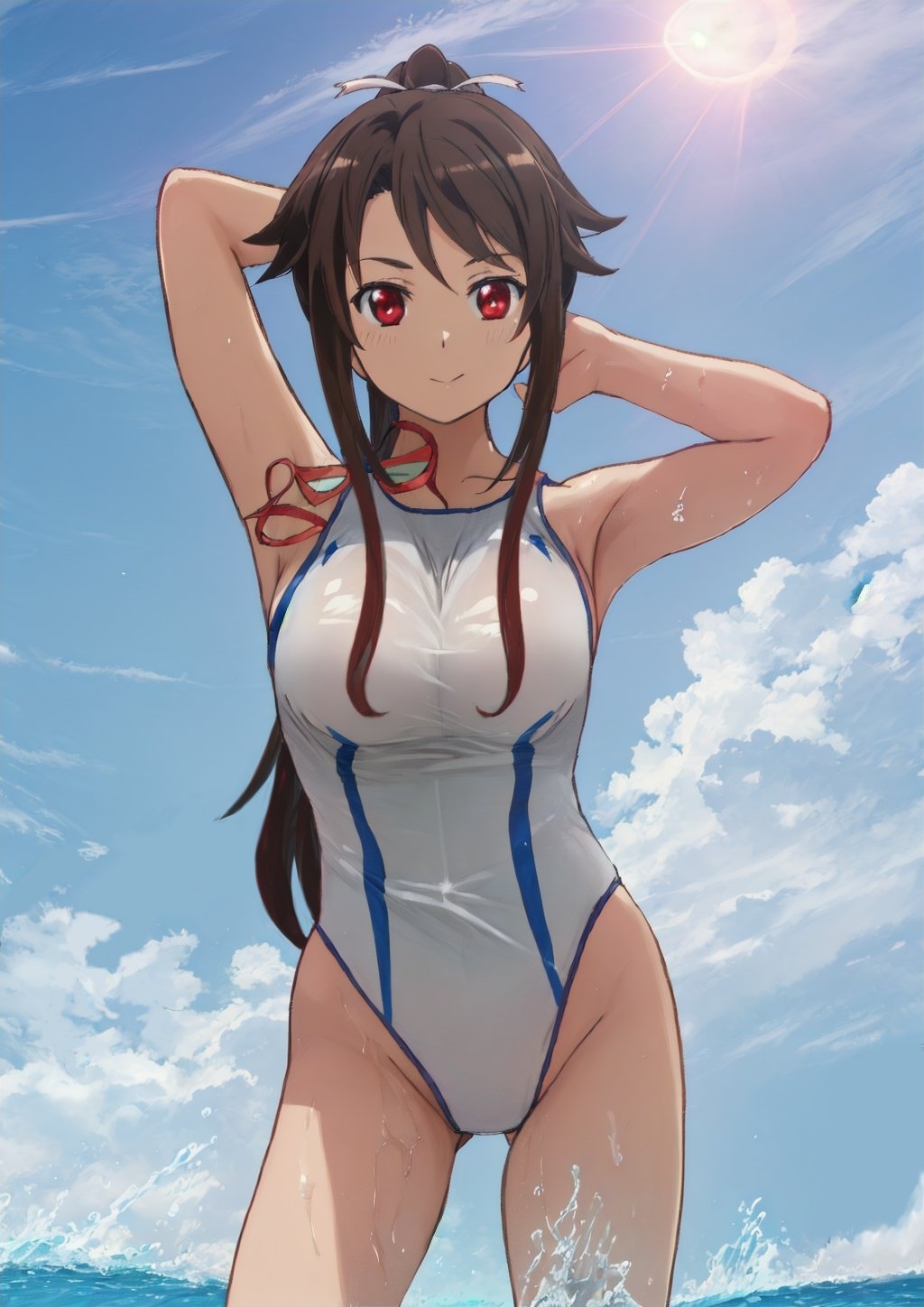 1girl, arms_behind_head, black_hair, blue_sky, breasts, cloud, commentary_request, competition_swimsuit