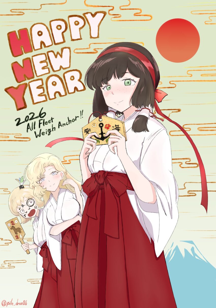 2026, black_hair, blonde_hair, breasts, commentary_request, eidsvold_(kancolle), eidsvold_(miko)_(kancolle), ema