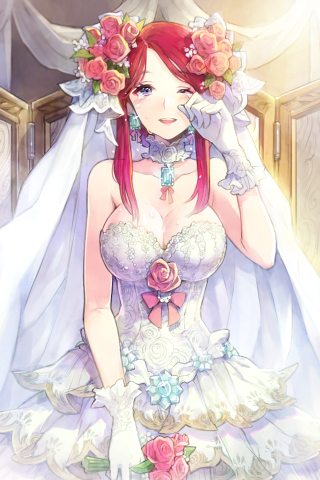 1girl, bare_shoulders, blue_eyes, blush, bow, breasts, choker, cleavage, dress, female_focus, flower, frills, gathers, gloves, hakou_(barasensou), jewelry, large_breasts, long_hair, lowres, necklace, open_mouth, pink_flower, pink_rose, red_hair, rihanna_(sword_girls), rose, solo, sword_girls, tears, veil, wedding_dress