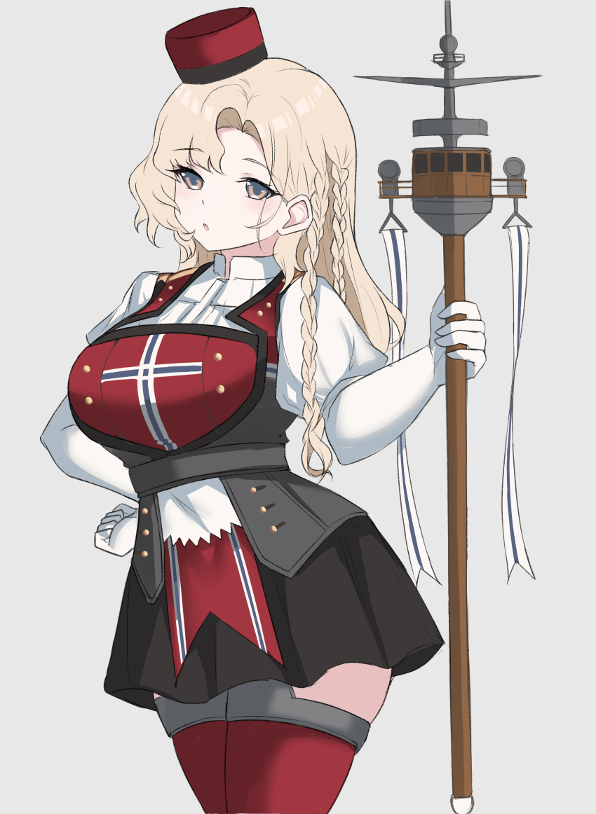 1girl, absurdres, blonde_hair, braid, breasts, brown_eyes, commentary, eidsvold_(kancolle)